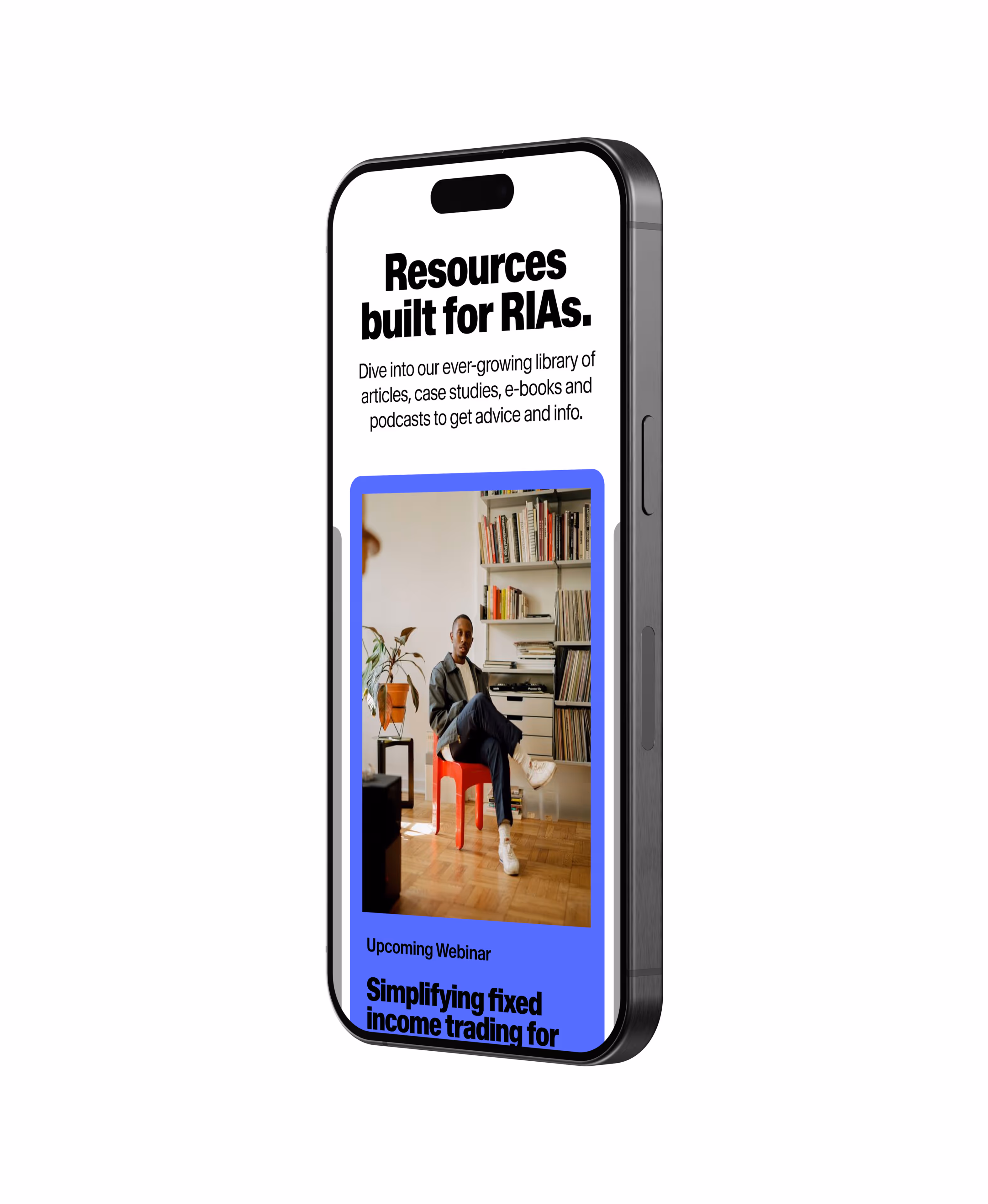 Smartphone screen showing a resources page for RIAs with a photo of a man sitting on a red chair in a room filled with books and plants.
