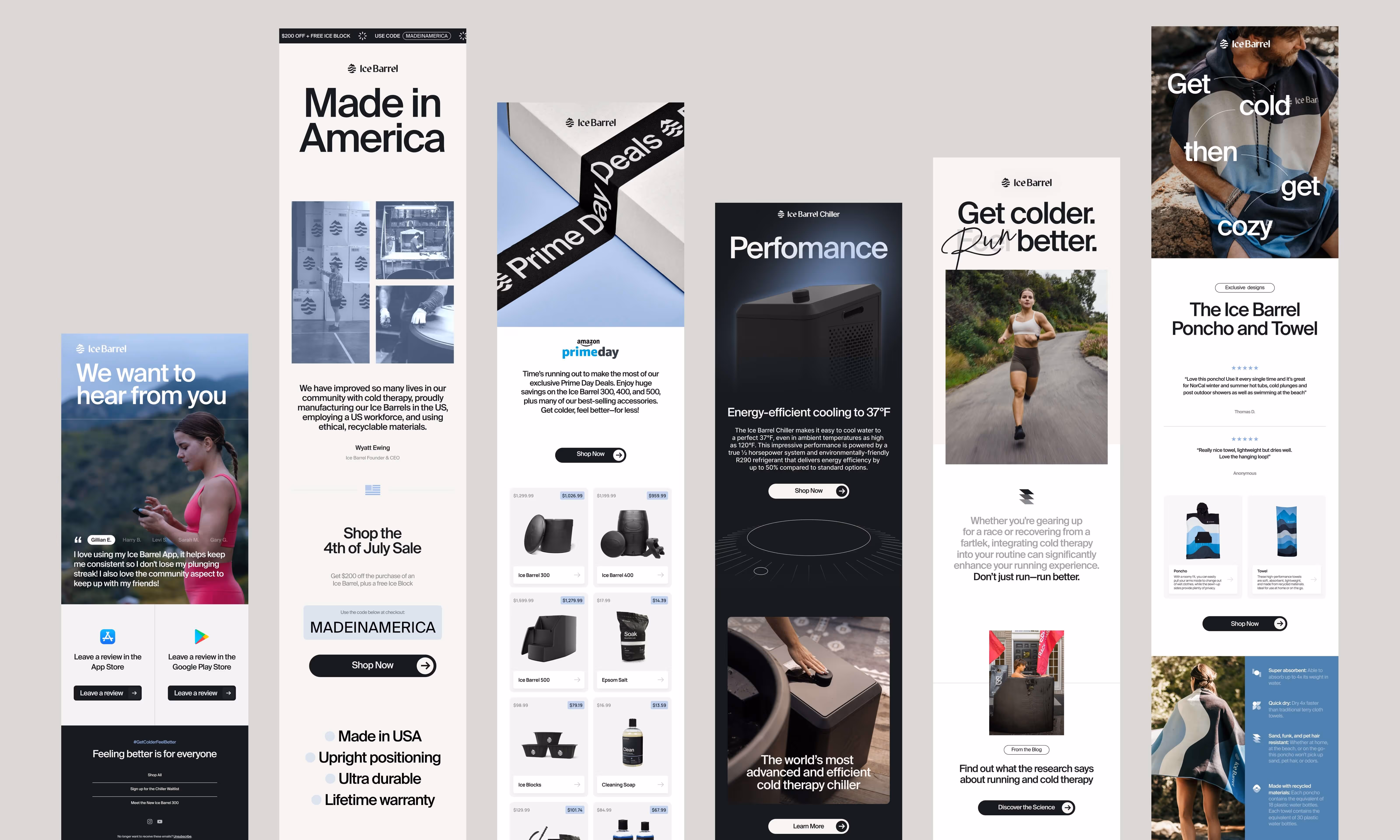 Ice Barrel email marketing campaigns showing product reviews, Made in America promotion, Prime Day deals on Ice Barrel products, Ice Barrel Chiller performance, running better with cold therapy, and Ice Barrel Poncho and Towel benefits.