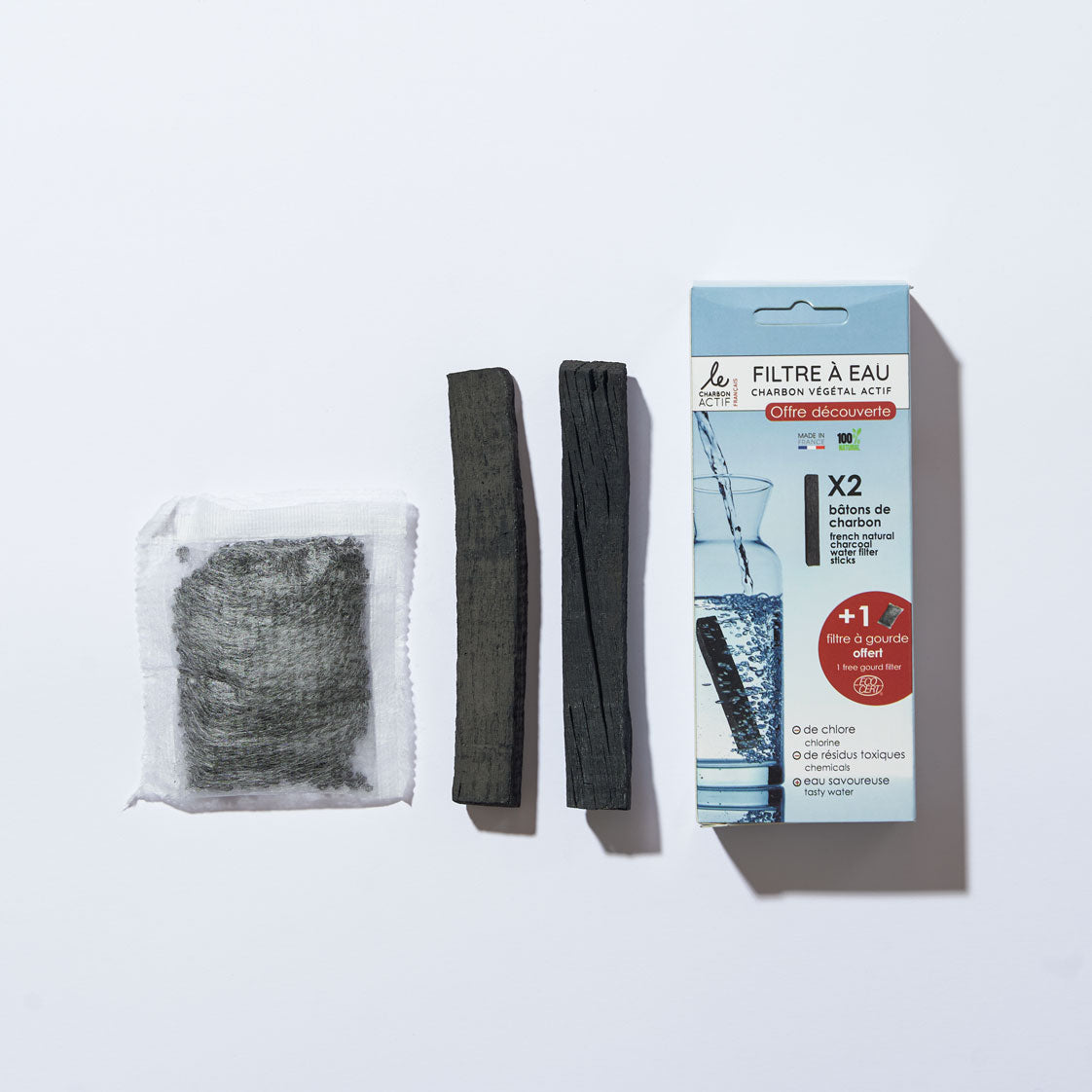 Lot de 2 bâtons charbons filtrants +1 filtre à gourde offert
