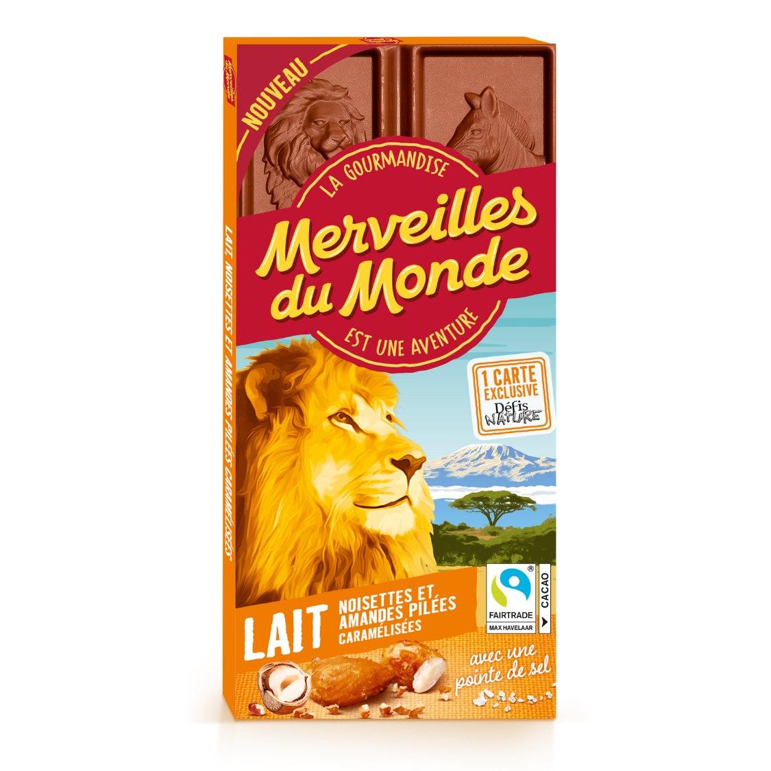Tablette chocolat Lait, noisettes et amandes pilées caramélisées, pointe de sel