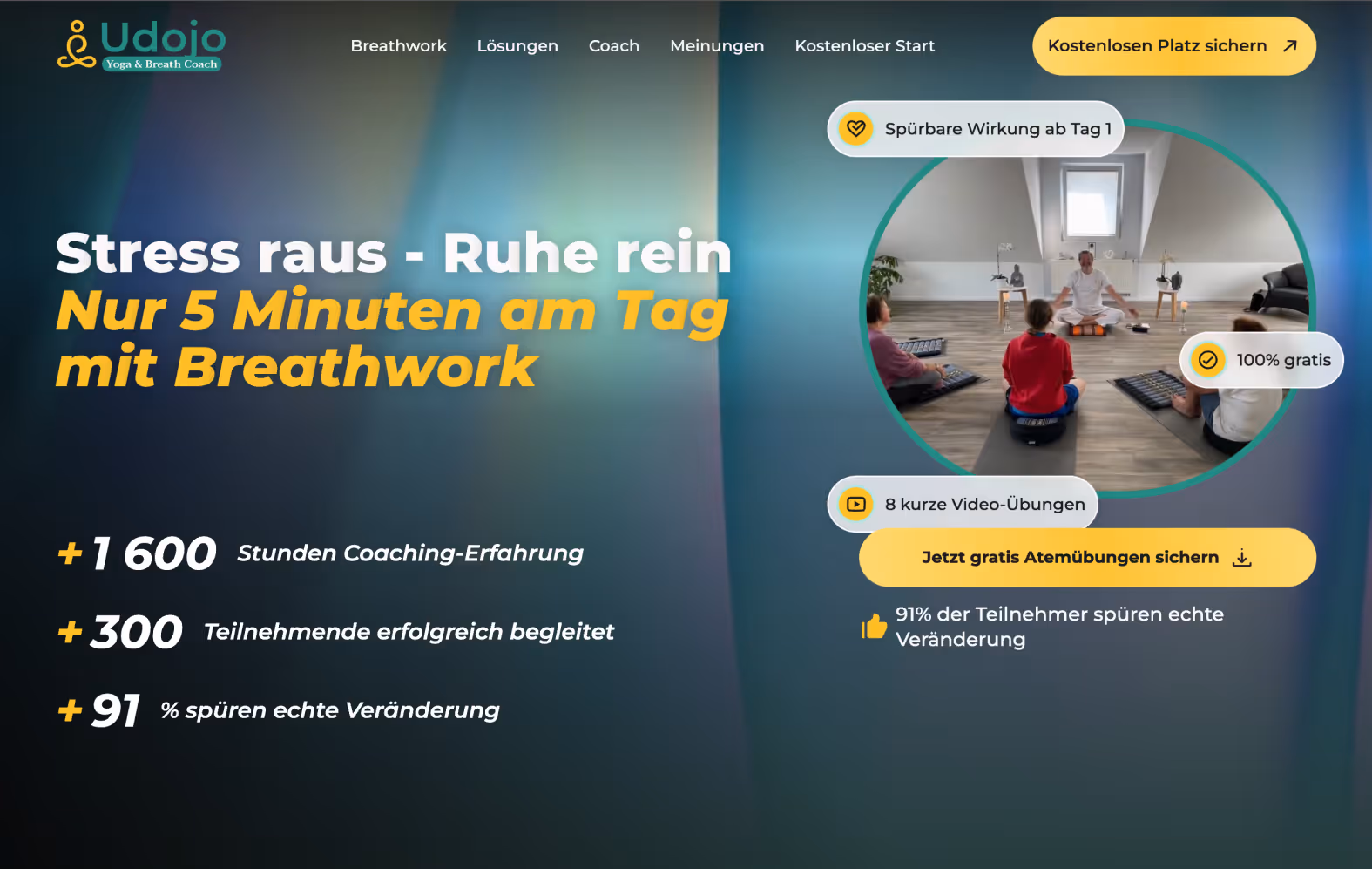 Website banner for Udojo Yoga & Breath Coach with a man meditating cross-legged in front of a mandala tapestry, highlighting 5 minutes daily breathwork, 1600 coaching hours, 300 successful participants, and 91% real change.