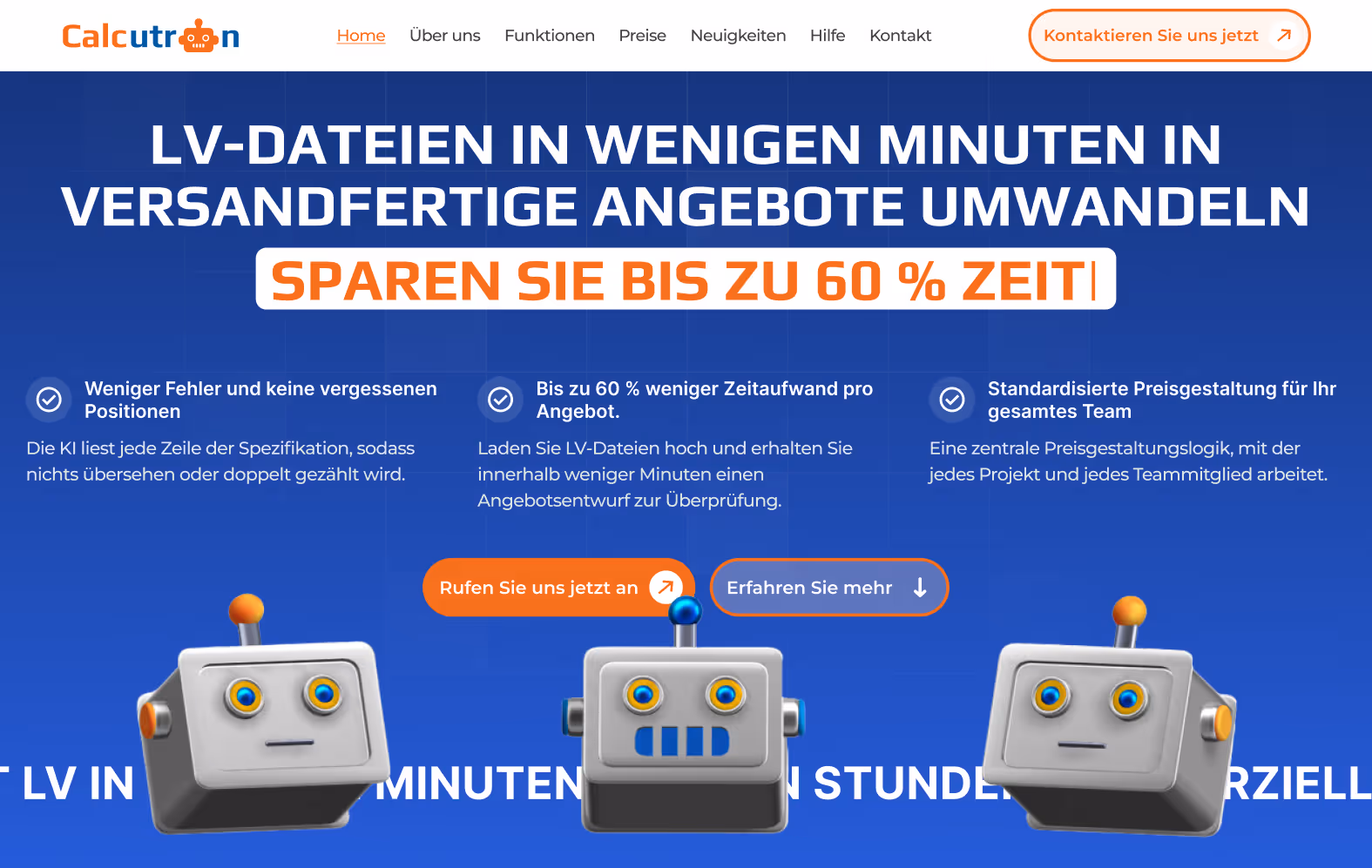 Website banner with three robot illustrations promoting a service to turn LV files into ready-to-send quotes, highlighting up to 60% time savings and features like fewer errors, faster quotes, and standardized pricing.
