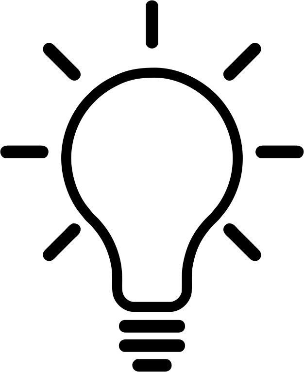 Black outline illustration of a lightbulb with eight rays radiating outward, symbolizing an idea or illumination.