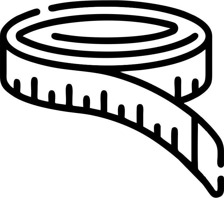 Black and white illustration of a rolled measuring tape with measurement markings visible.