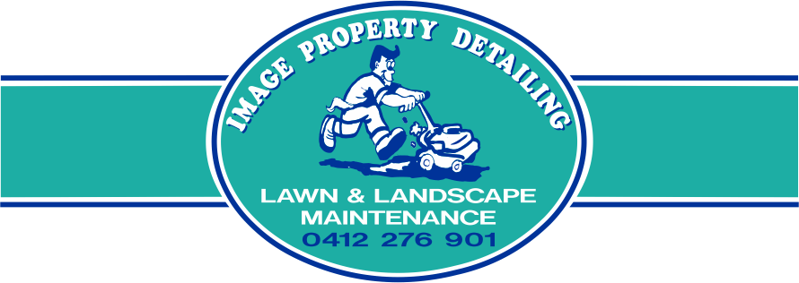 Logo for Image Property Detailing showing a man pushing a lawn mower with text offering lawn and landscape maintenance and a phone number 0412 276 901.