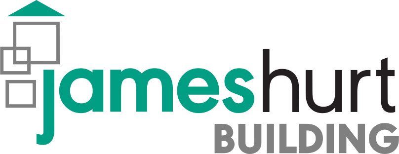 Logo featuring stacked square outlines with a green upward arrow above them, followed by the text 'james hurt' in lowercase and 'BUILDING' in uppercase letters below 'hurt'.