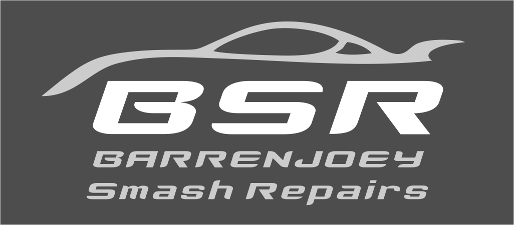 Logo with a sleek car silhouette above bold letters 'BSR' and text 'Barrenjoey Smash Repairs' below on a dark background.