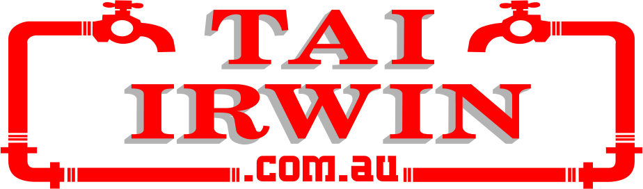 Logo featuring the name 'TAI IRWIN' in red capital letters with a 3D shadow effect, framed by red plumbing pipes with two faucet handles on the top corners, and '.com.au' below in smaller red text.