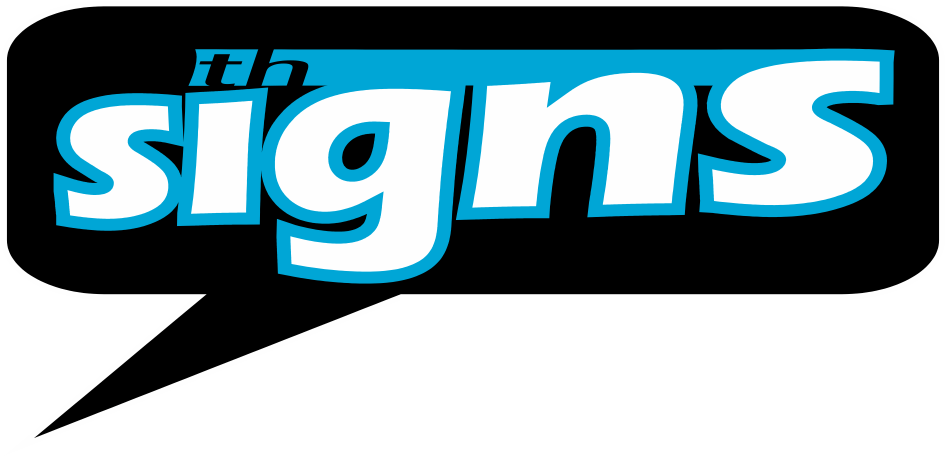 Logo with the word 'signs' in large white letters with blue outline inside a black speech bubble shape, with small 'th' in black letters on top of the 's'.