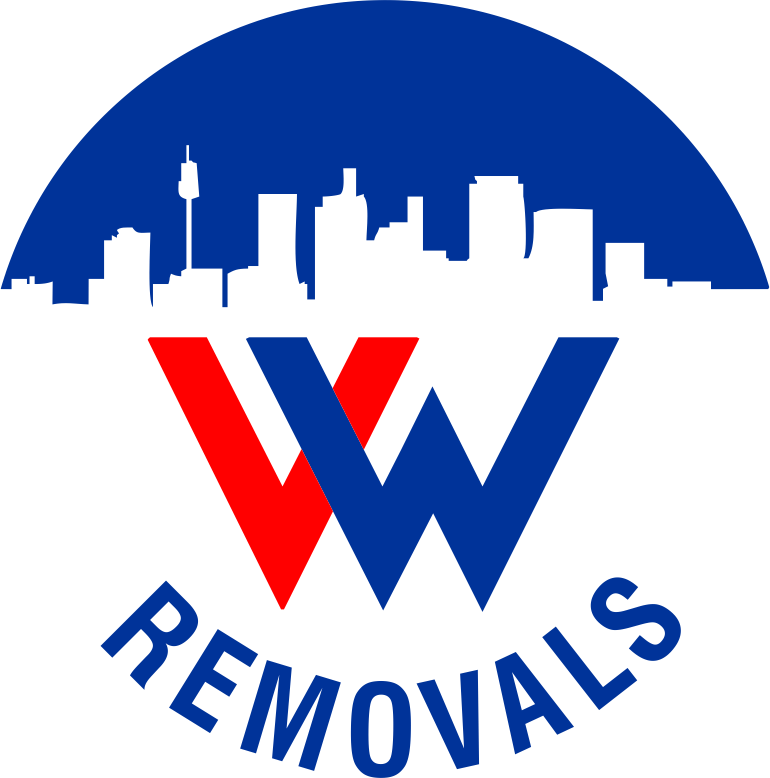 Logo with a black city skyline silhouette against a blue semicircle background above large overlapping letters 'V' in red and 'W' in blue, with the word 'REMOVALS' curved below in blue capital letters.
