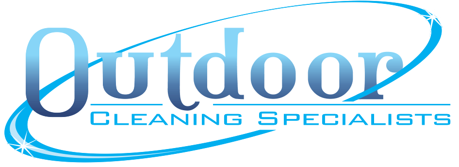 Logo for Outdoor Cleaning Specialists with the word 'Outdoor' in large gradient blue letters and 'Cleaning Specialists' in smaller uppercase blue text below, encircled by a dynamic blue swoosh ending in sparkles.