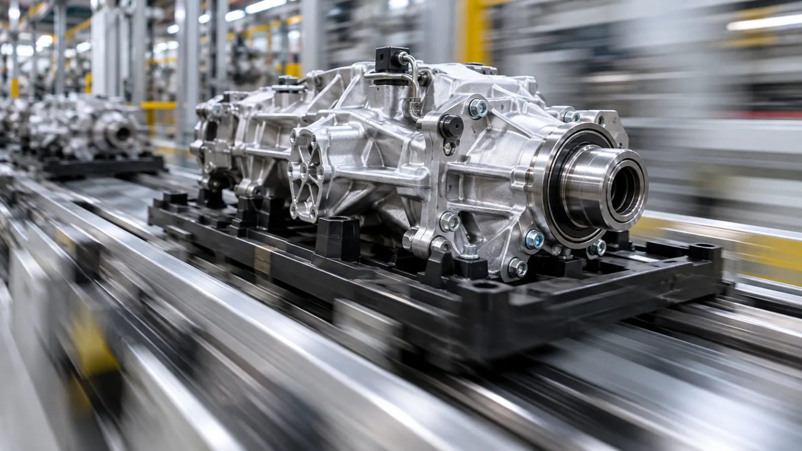An aluminium drive housing on a pallet fixture moving along a conveyor, with the production line behind it blurred by motion.