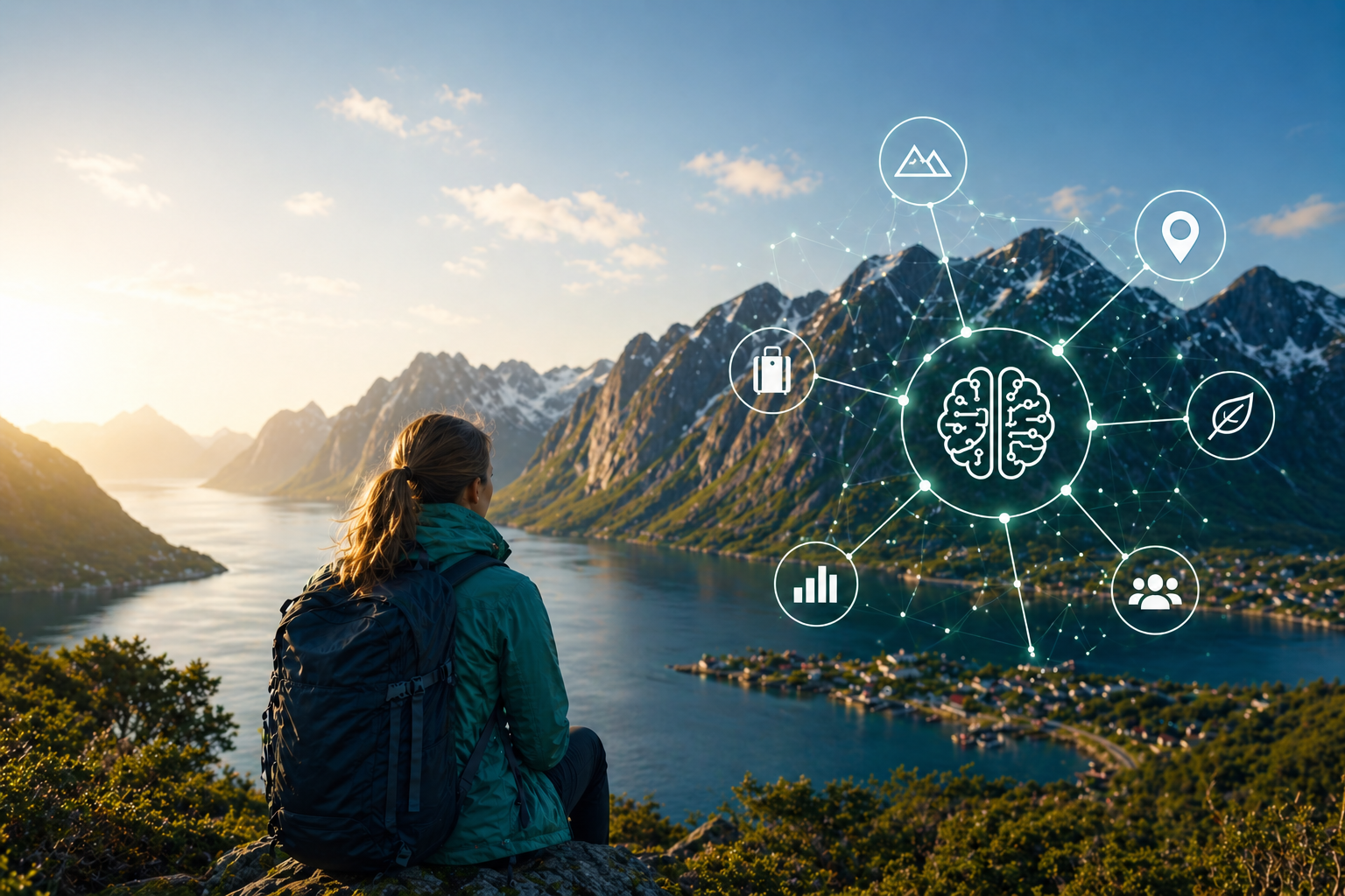 bilde av dame på fjelltopp med utsikt til fjord og nettverkssymbol