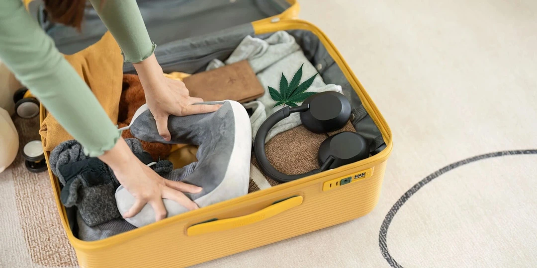 Offener gelber Koffer mit Kleidung, Kopfhörern und einem Cannabisblatt – Thema: Cannabis im Flugzeug