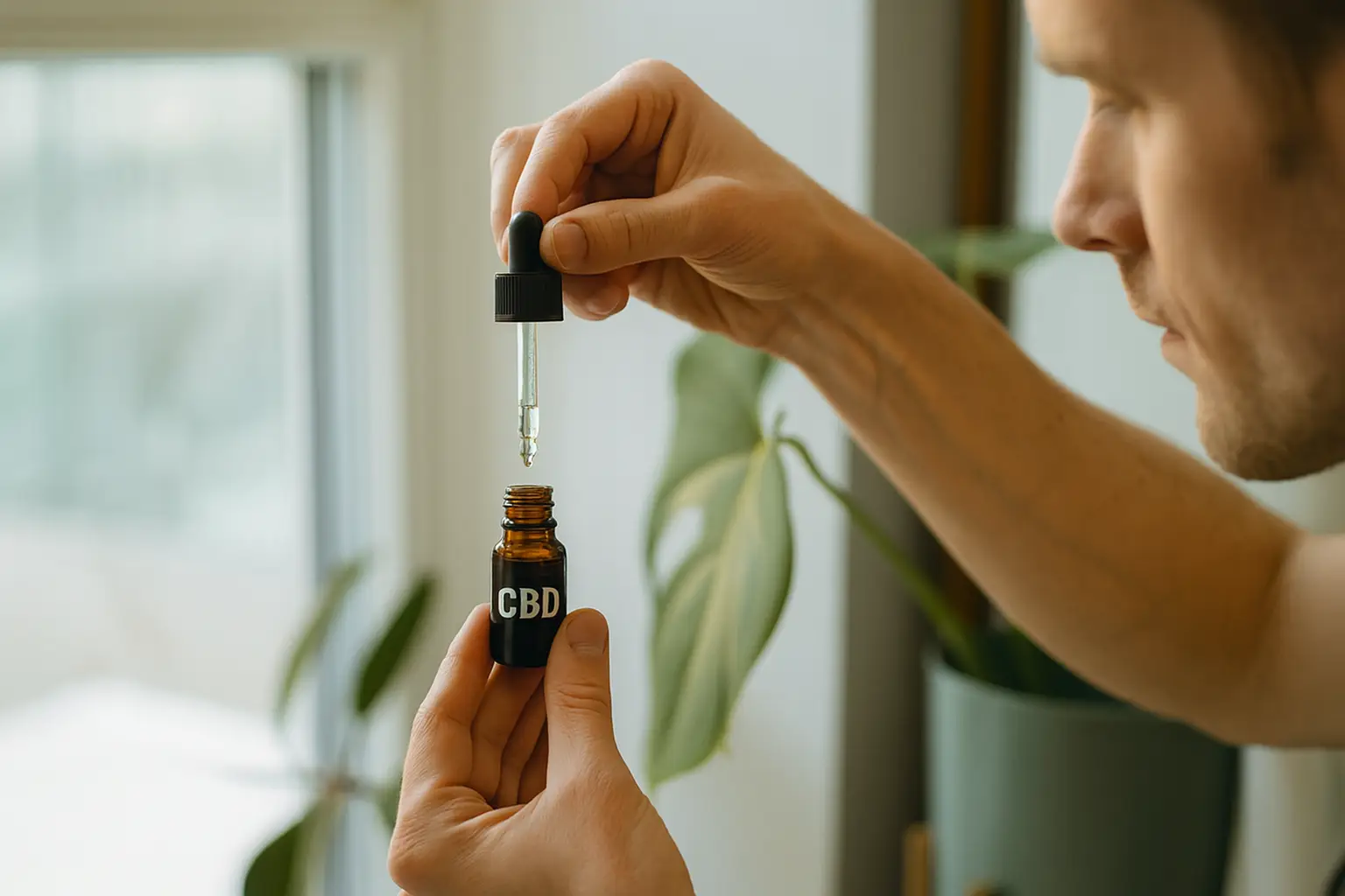Mann hält Pipette über einer kleinen braunen Flasche mit Aufschrift CBD – Symbolbild für CBD Öl