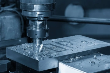 Close-up of a CNC milling machine cutting a metal block, with metal shavings around the cutting area.