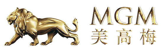 Gold lion logo beside gold text reading MGM and Chinese characters on black background.