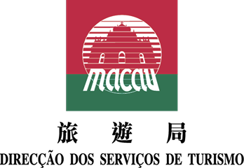 Stylized white outline of the Ruins of St. Paul's inside a circle with horizontal lines, above the word 'macau' on a background split red on top and green on bottom.