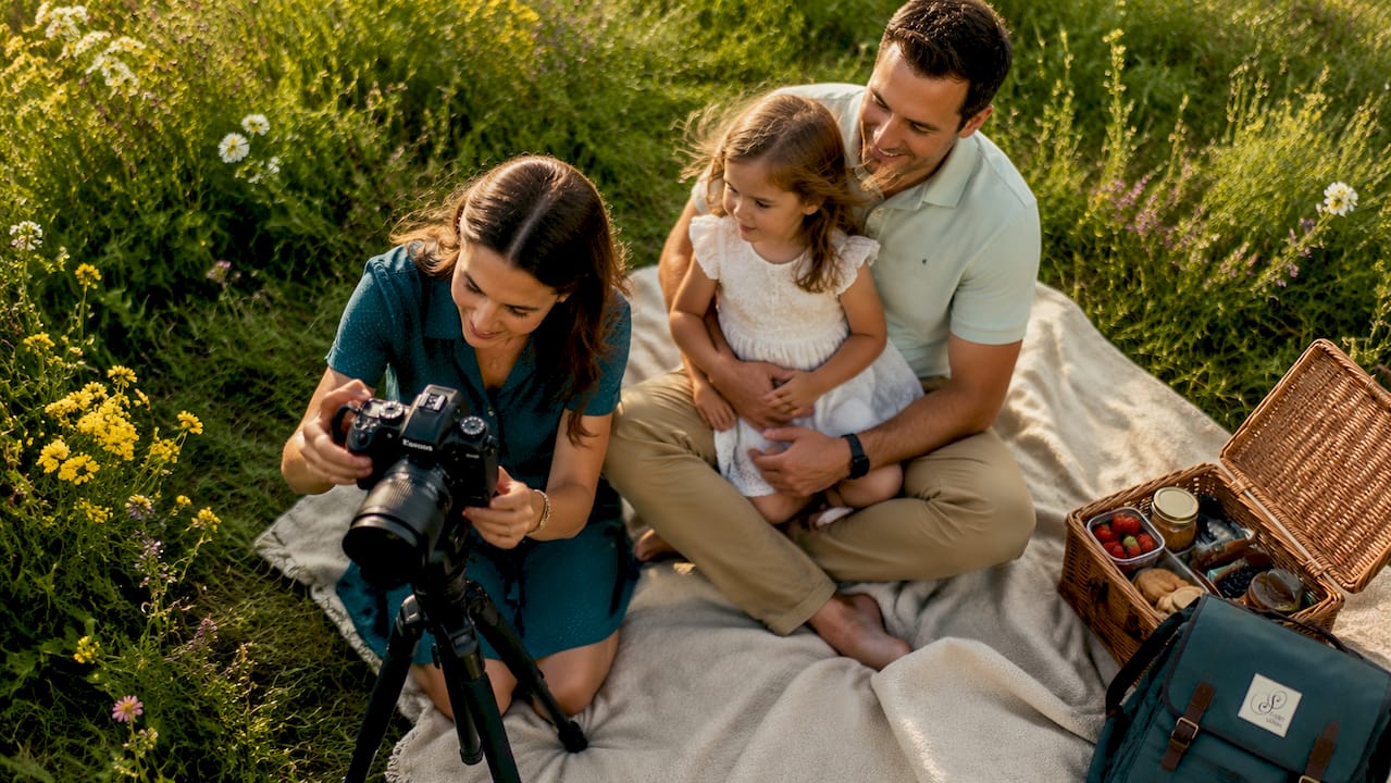 Une famille se prépare pour une séance photo printanière au parc.