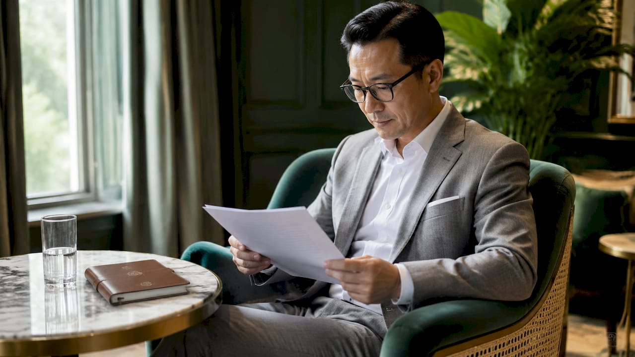 Un entrepreneur examine attentivement ses documents, sous le regard bienveillant de son portrait professionnel affiché dans son bureau.