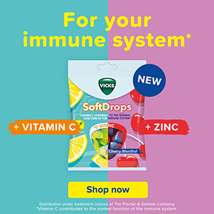 Werbeanzeige für Vicks SoftDrops mit der Aufschrift „For your immune system“. Im Vordergrund die Produktverpackung, daneben Hinweise auf enthaltenes Vitamin C und Zink. Unten ein gelber Button mit der Aufschrift „Shop now“.