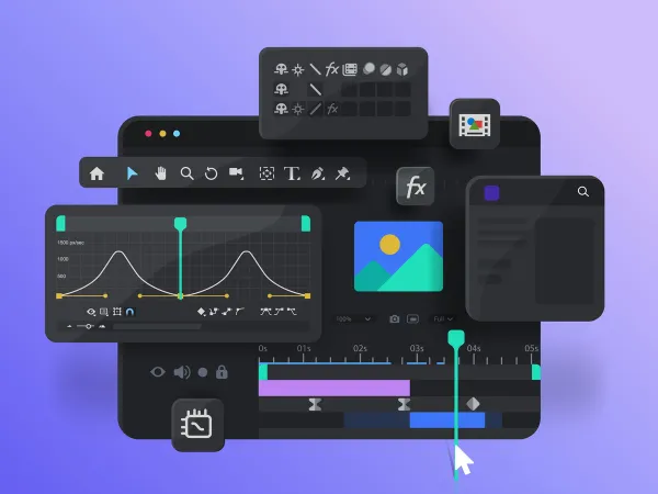 Illustration einer modernen Motion-Design- und Videobearbeitungs-Software mit verschiedenen Werkzeugen, Timeline und Kurveneditor – symbolisiert professionelle Video- und Animationserstellung für Marketing.