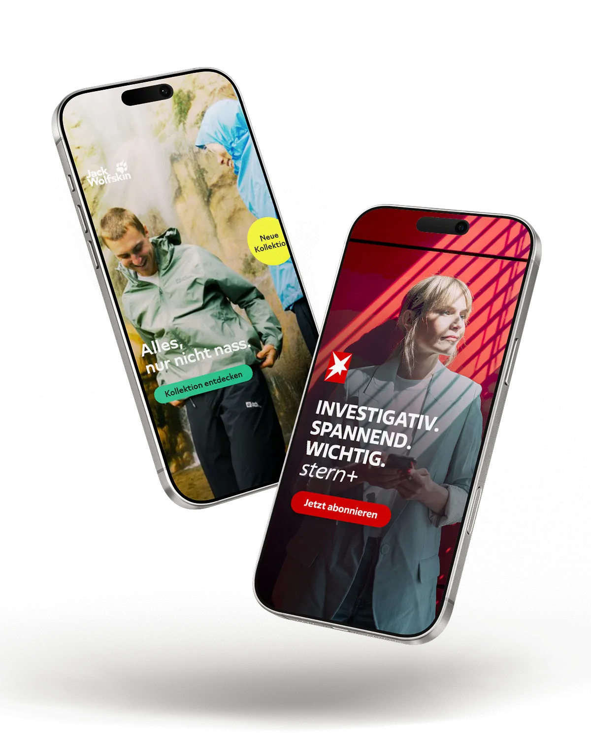 Zwei Iphone Mock Ups, die jeweils eine Social Ad für Jack Wolfskin (links) und Stern (rechts) zeigen.