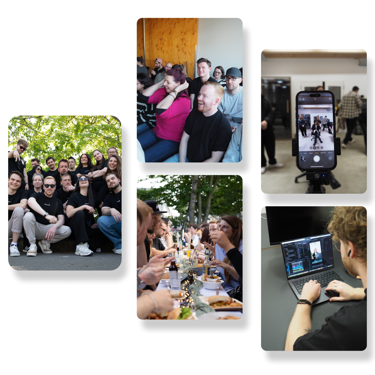 Eine Collage mit fünf BIldern in verschiedenen Szenen aus dem Teamalltag bei adfriends.
