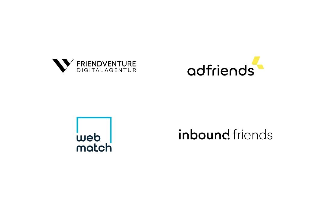 Die Grafik zeigt die Logos der gesamten Friends Digital Group bestehend: aus Friendventure Digitalagentur, adfriends, webmatch und inboundfriends.