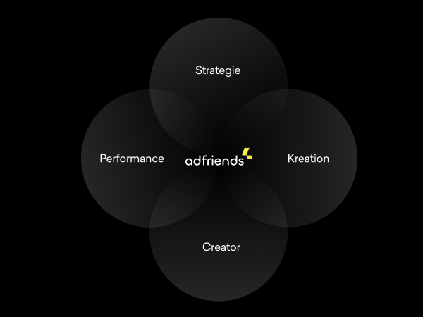 Die Grafik zeigt die Verzahnung der einzelnen Leistungen von adfriends als Social und Performance Marketing Agentur in den Bereichen Strategie, Kreation, Creator und Performance.