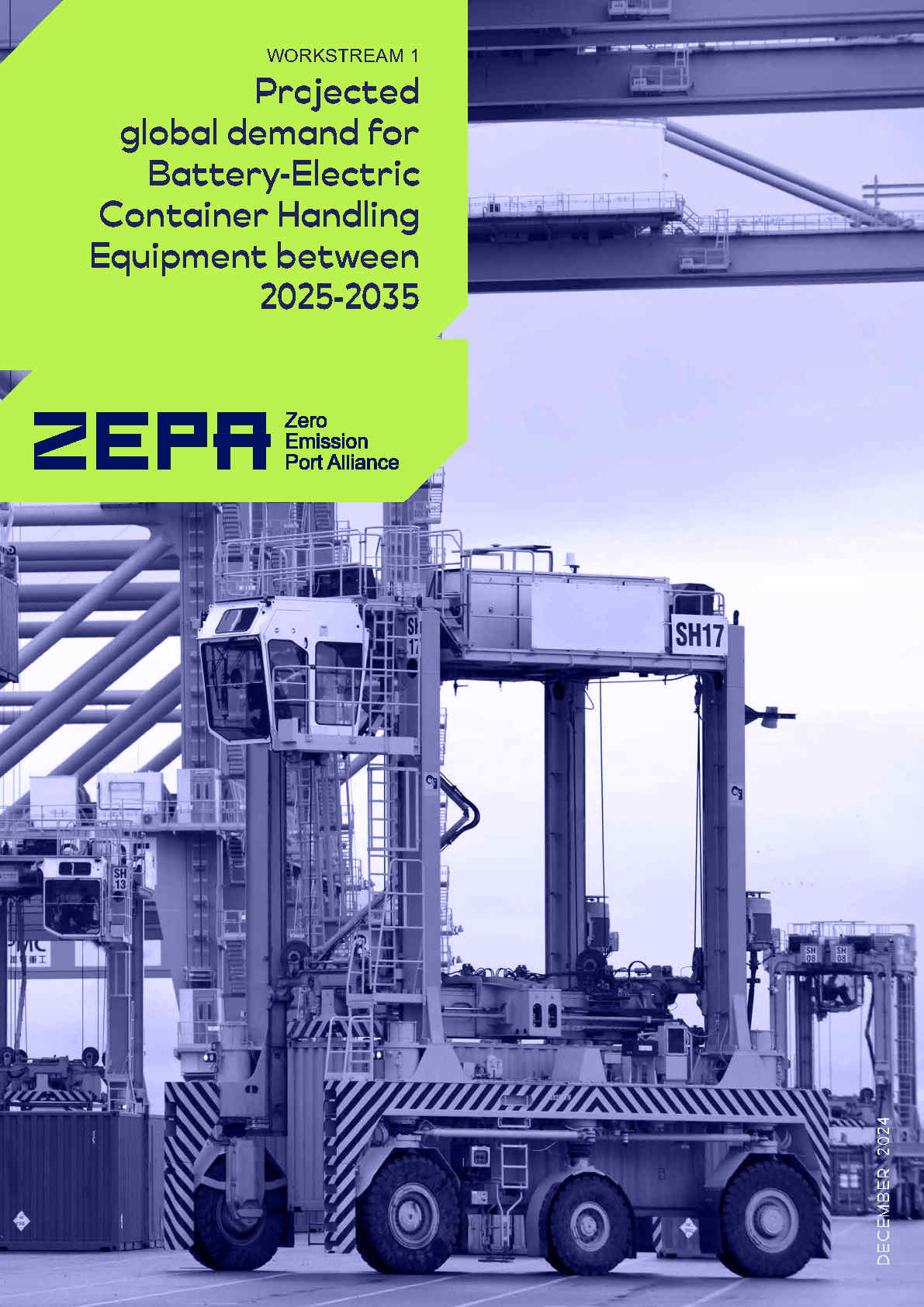 Aerial view of a container storage area at a port, showing neatly aligned rows of shipping containers in various sizes, with a single piece of container handling equipment positioned on the right side. The image, presented in monochromatic blue tones, emphasizes the scale and organization involved in port logistics.