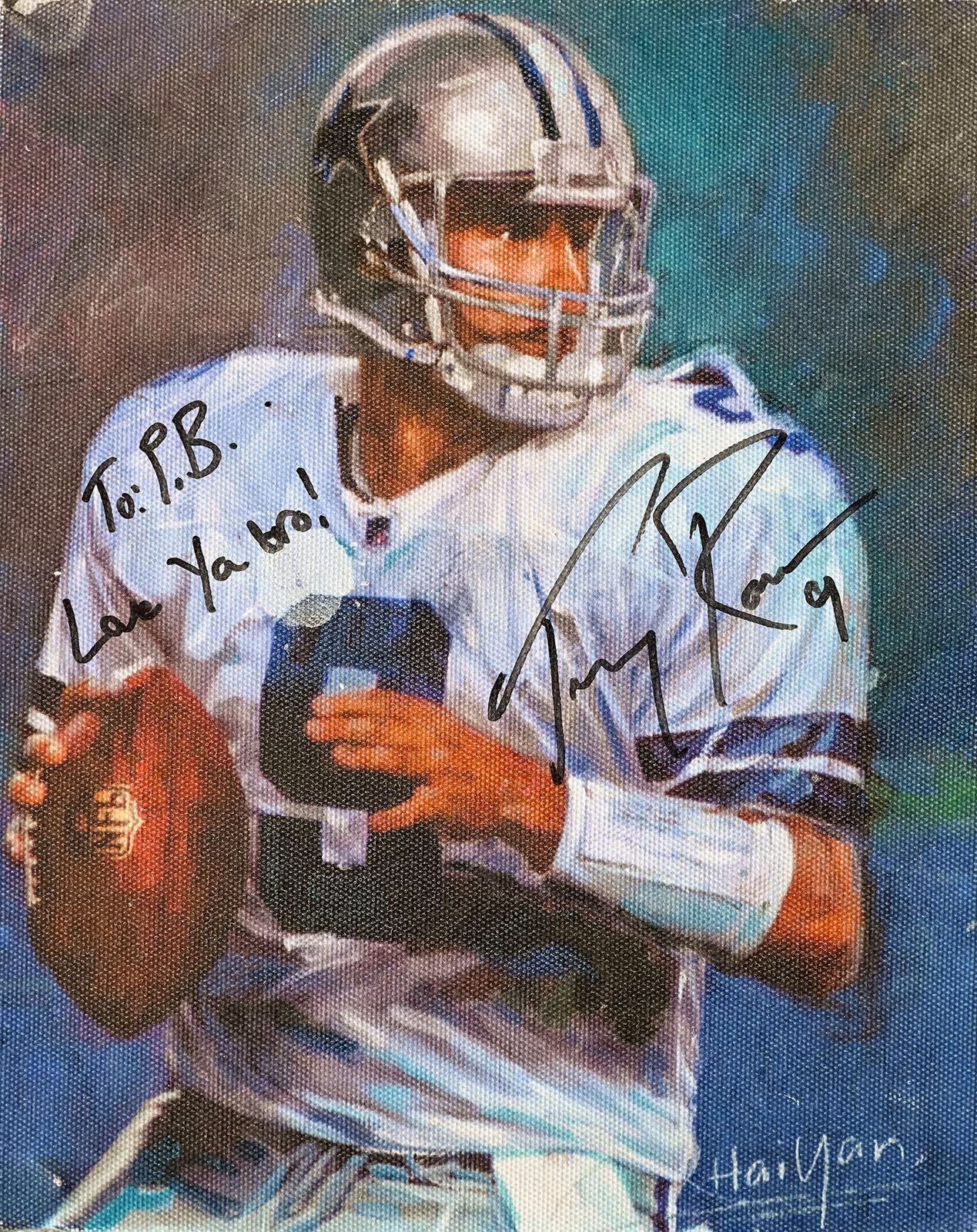 Painting of a Tony Romo in a Dallas Cowboys uniform holding a football, signed with a personal message and signature for Paul Bondar.