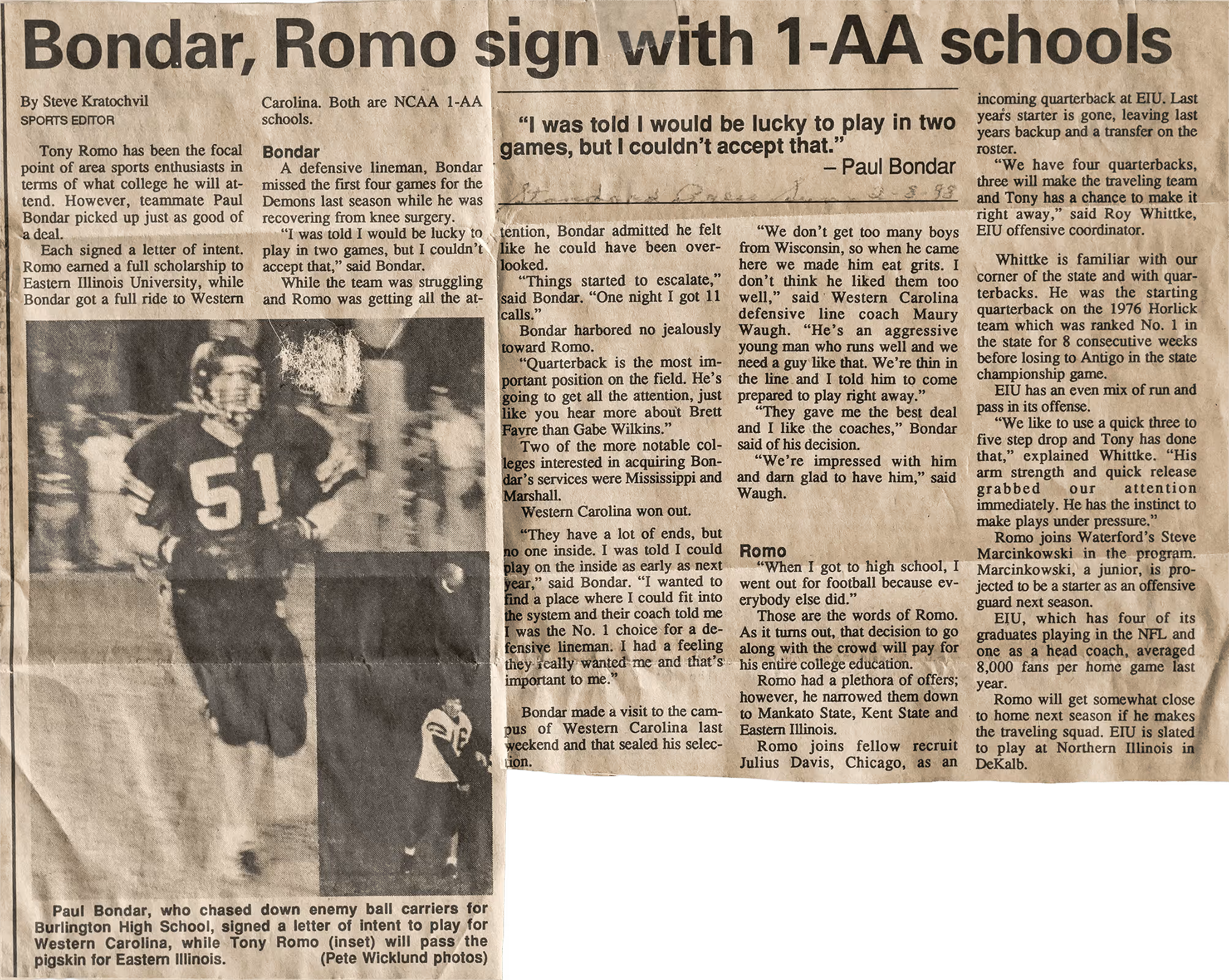 Newspaper clipping titled 'Bondar, Romo sign with 1-AA schools' with a photo of football player Paul Bondar running and an inset of Tony Romo passing a football.