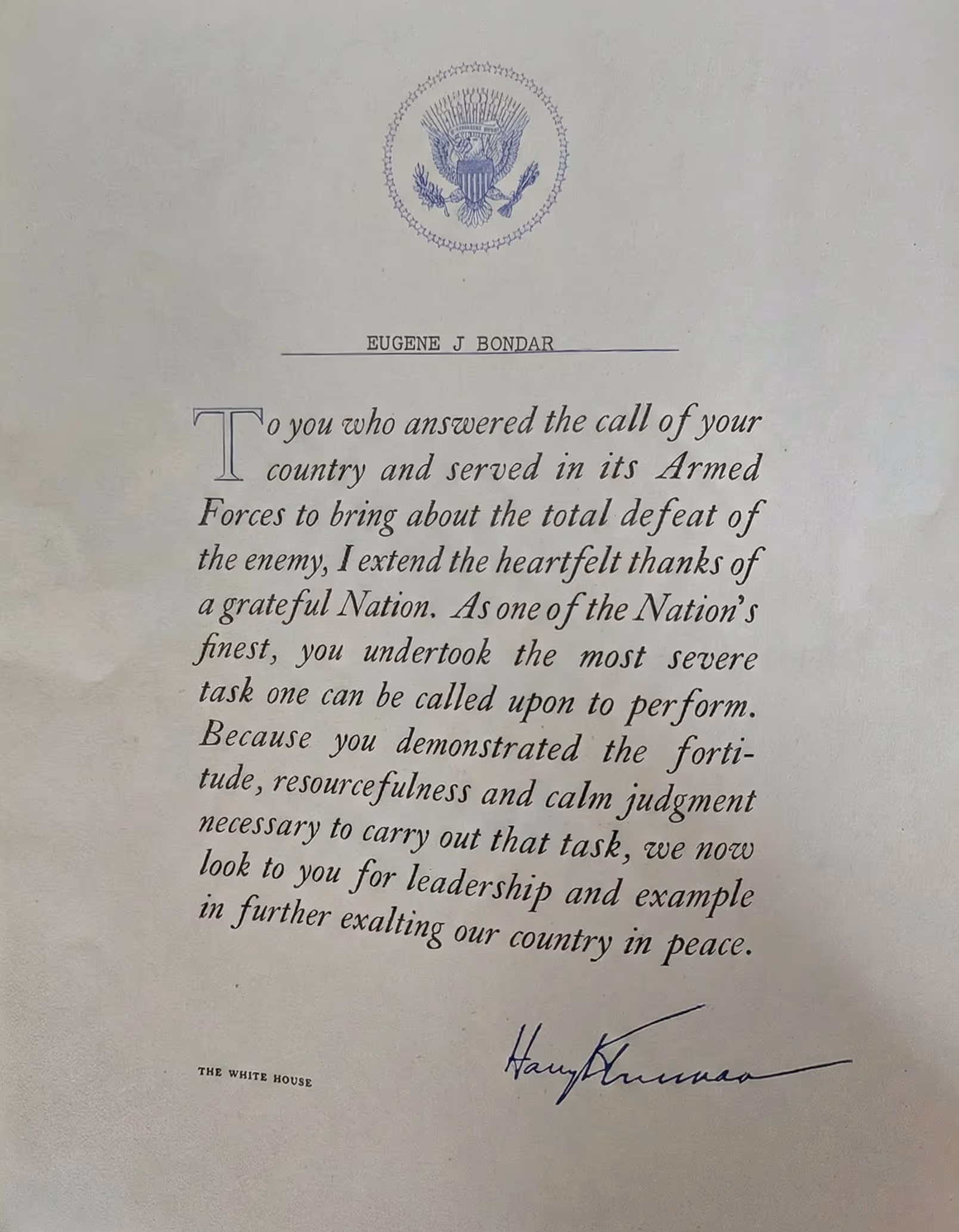 Typed letter addressed to Eugene J Bondar from the White House, expressing gratitude for military service and signed by Harry Truman.