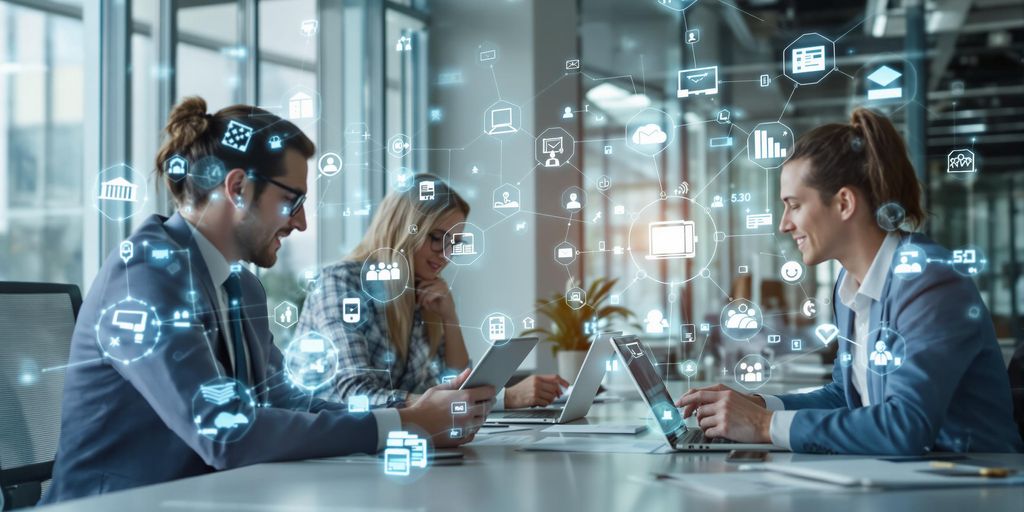 Business team collaborating with laptops in modern office