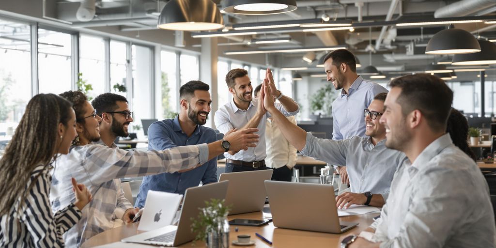 Young tech professionals celebrate teamwork in a modern office