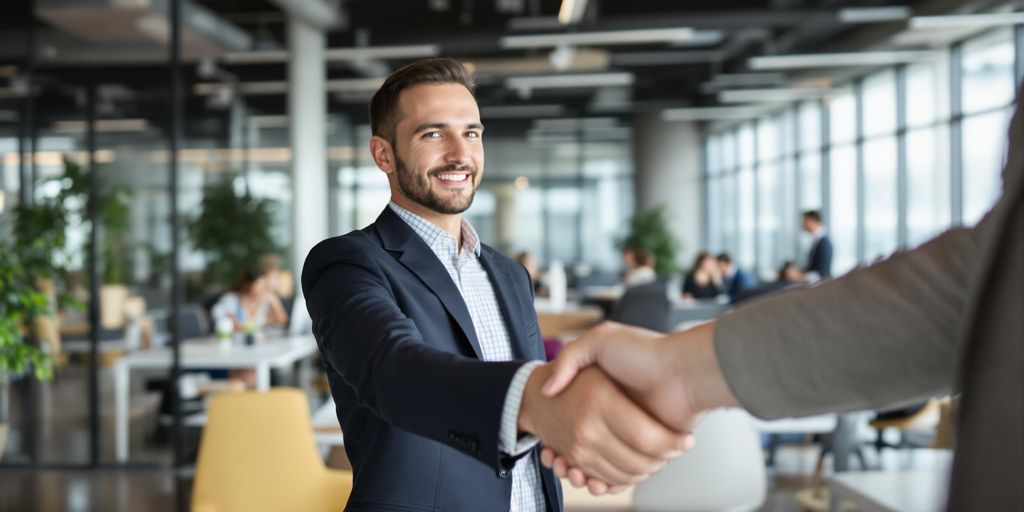 Businessperson shaking hands with client in bright office
