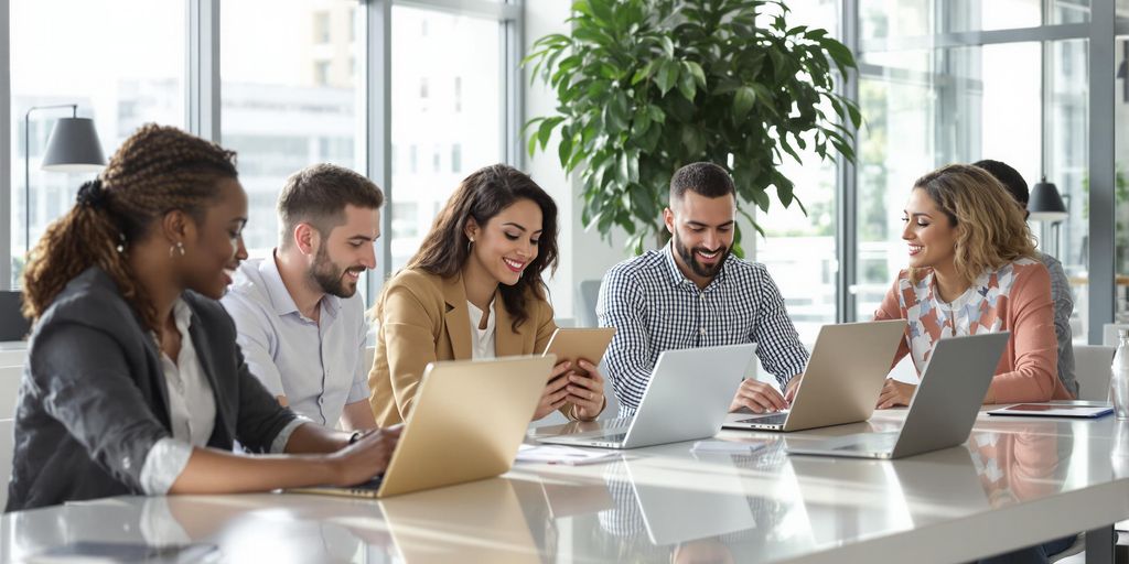 Professional sales team collaborating in modern sunlit office