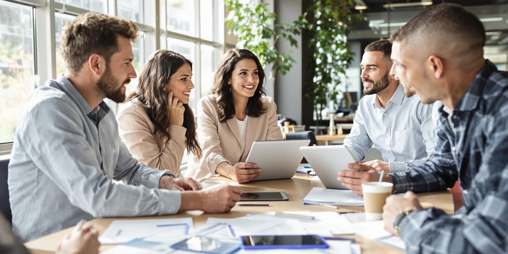 Team collaborating in a bright modern office setting