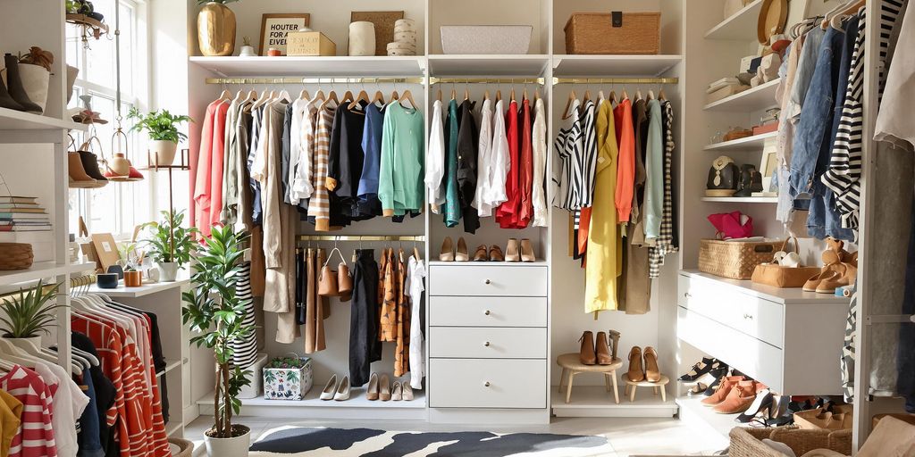 Colorful boutique closet with trendy clothes and accessories