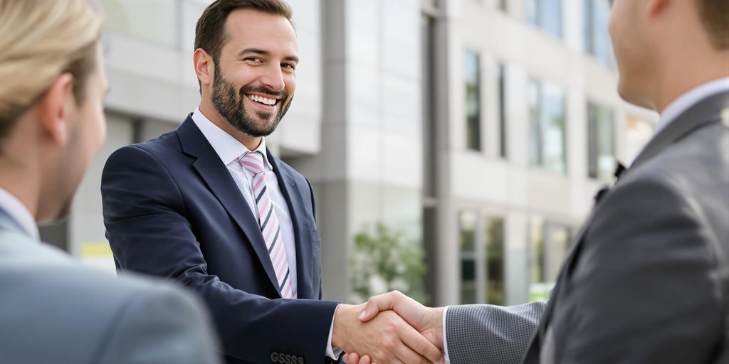 Sales representative shaking hands with client outdoors