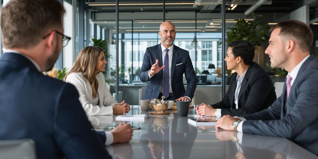 Business leader guiding diverse team in modern office meeting