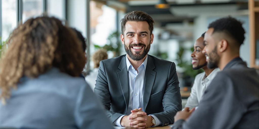 Sales director leading a diverse business team meeting