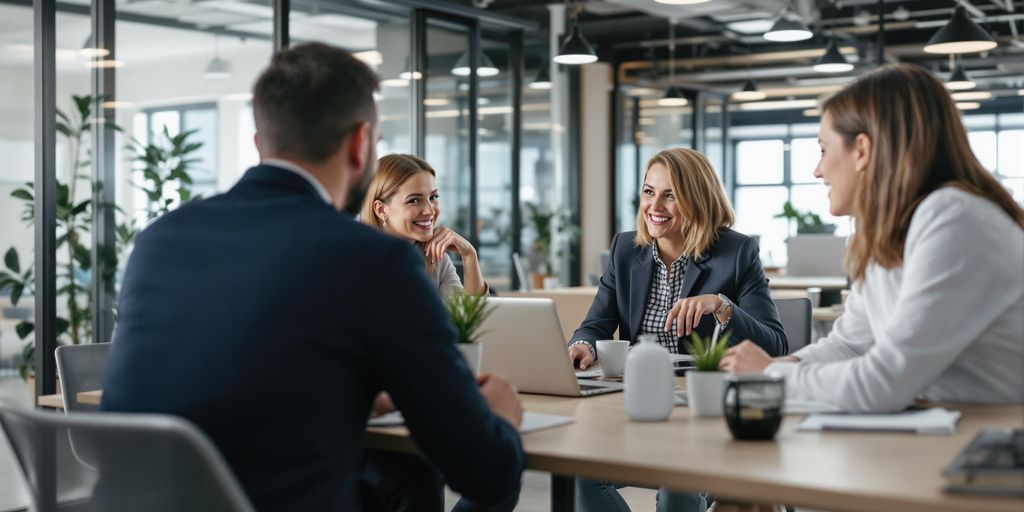Business team meeting clients in a modern office setting.