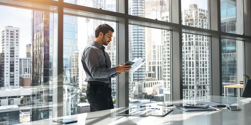 Business professional analyzing data in modern office setting.