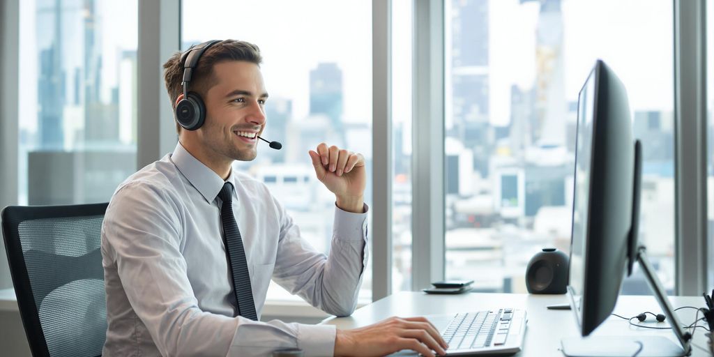 Confident SDR agent talking on headset in office