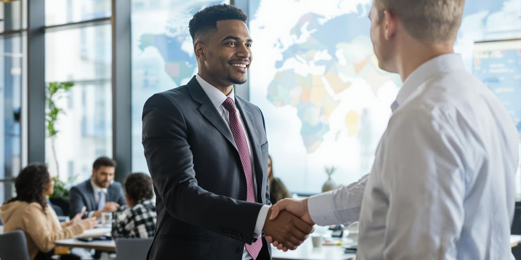 Businesspeople shake hands in a modern international office setting.