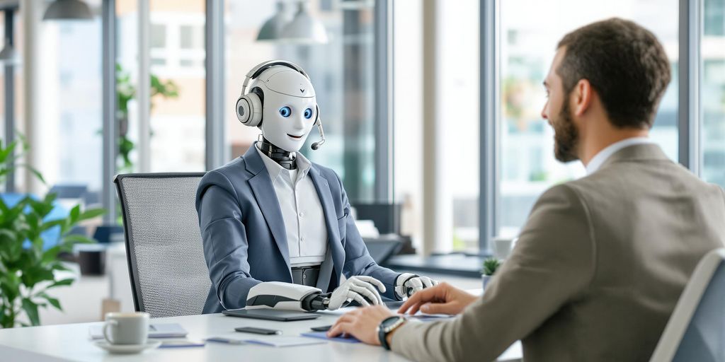 AI robot making a business sales call in office