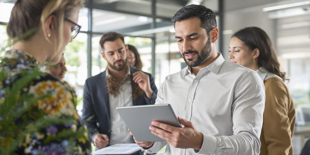 Business analyst reviewing data with team in office