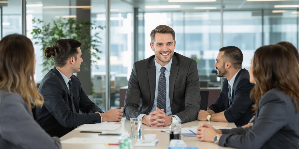 Business professional engaging with colleagues in modern office